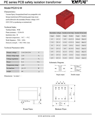 YHDC PCB Hegesztés leválasztó Transzformátor PE2012-M 0,6 VA 230V/9Vx2