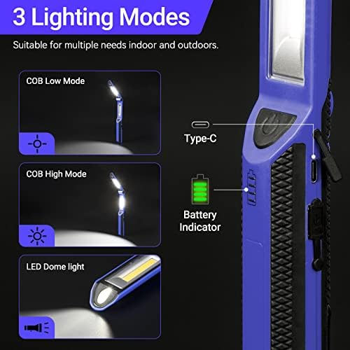 Munka Lámpa, Újratölthető LED-es munkalámpa 1500 Lumen, Hordozható Mágneses Munka Fény 180° Forgatás 3 Módok, 4 Mágneses Alap,