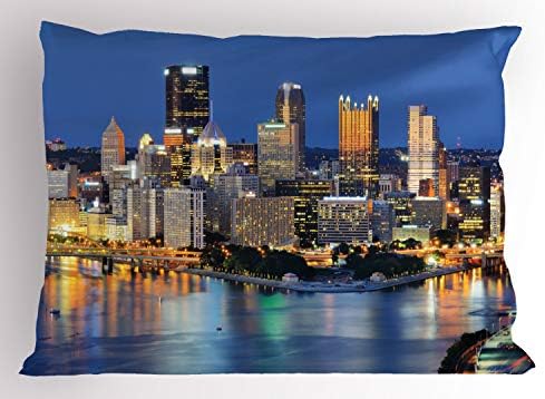 Ambesonne Város Pittsburgh párnahuzatot, Éjszakai Jelenet a Felhőkarcolók Belvárosában, a Pennsylvania Skyline Forgalmas Városi Élet,