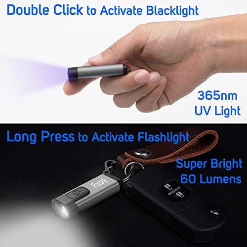 Portek Kulcstartó Újratölthető LED-es Zseblámpa, Plusz UV Fekete Fény, Szuper Fényes EDC Kézi Fáklya, 365nm Blacklight, mint