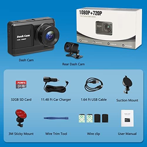 Kamera Elől-Hátul, 1080P Full HD Dash Kamera az Autók 32 gb-os SD Kártya, 2.45 IPS kijelző, 170°Széles Szög, éjjellátó, Parkolás Monitor,