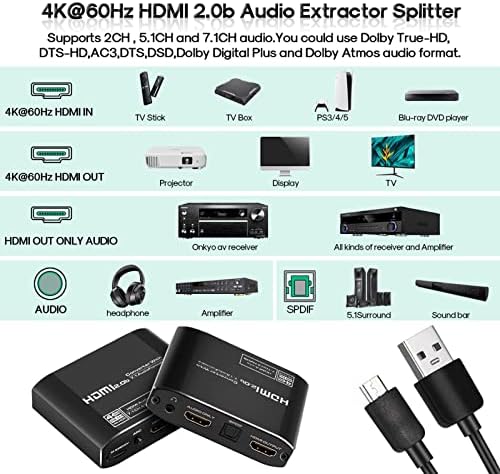 FAMKIT 4K-60Hz, HDMI - Kompatibilis Audio Converter Extractor, HDMI - Kompatibilis HDMI - Kompatibilis 7. 1KRÓN+ SPDIF+ 3. 5mm
