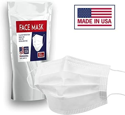 Made in USA - Eldobható Fehér Arc-Maszk - Nagyobb, mint 98% - os védelem – 3 Rétegű Álarcok - Tökéletes Beltéri & Kültéri Használatra