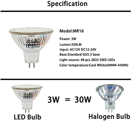 GLMING MR16 GU5.3 Bi-pin Alap Üveg Fedél Lámpa 48-2835 SMD LED 3W(30W Egyenértékű) Reflektorfénybe Beltéri Izzók AC12V DC12-24V-os hideg
