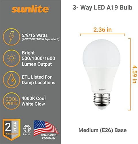 Sunlite 70324 3-utas LED 19 Villanykörte, 5/9/15 Watt (40W 60W 100W Egyenértékű), 500-1000-1600 Lumen, Közepes E26 Bázis,