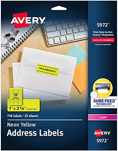 Avery Nyomtatható Cím Címkéket Biztos, Takarmány, 1 x 2-5/8, Neon Sárga, 750 Üres levélcímkék (5972)