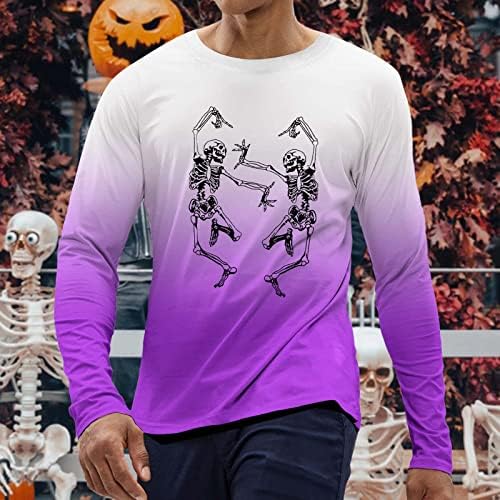 ZDDO Halloween T-shirt Mens Hosszú Ujjú Vicces Csontváz Nyomtatás Gradiens Ing Izom Slim Fit Fél Legénység Nyak Póló Felső