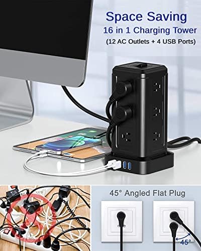 Elosztó Torony túlfeszültségvédő 12 Üzletek & 4 USB Töltő Port Csomag USB-C Port, 3 USB Töltő Port & 9 HÁLÓZATI Üzletekben