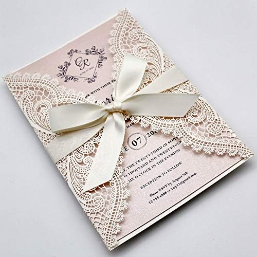 Válogatós Menyasszony 25-Pack Fehér Csipke Lézerrel Vágott Esküvői Meghívók, a Blush Pink Shimmer Helyezze be, Elegáns Meghívót Kártyák