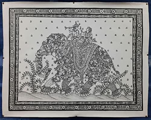 Krisna Pedig Radha Festés Elefánt Fekete, Fehér, Kézzel Készített Krishna Festmény Miniatűr Festmény, Festmény, Vászon Falikárpitok