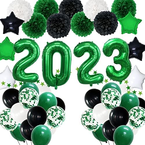 MEIWUTIE Érettségi Party Dekoráció 2023 Zöld, Fekete, szilveszter, Party Kellékek, Zöld, Fekete Virág Pom Pomot Latex Fiol Lufi 2023