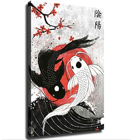 Japán Koi Hal Yin Yang lakberendezés Festés Hálószoba, Konyha Művészeti Vászon Dekor Art Plakát, Esztétika Wall Art (Keretben,12×18