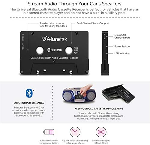 Aluratek Univerzális Bluetooth Audio Kazetta Vevő, Beépített Újratölthető Akkumulátor, 8 Óra Játékidő, Audio Fogadó 33 Láb