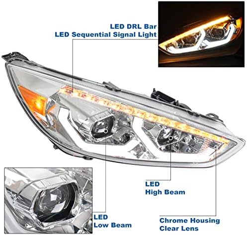 ZMAUTOPARTS LED-Szekvenciális Vetítő Fényszórók Chrome w/6 Kék DRL Kompatibilis 2015-2018 Ford Focus S/SE/ST