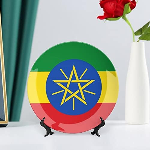Zászló Etiópia porcelán Díszítő Tányér Kerek Kerámia lapok Kézműves Display Állvány Home Office Fal Vacsora Dekoráció