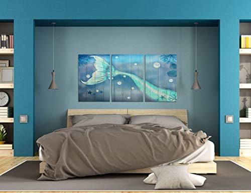 HOMEOART Hableány Fürdőszoba Decor Hableány Festmény Képet Nyomtat, Vászon Korall tengeri Csillag Fa Textúra Háttér Kék Mű Fürdőszoba