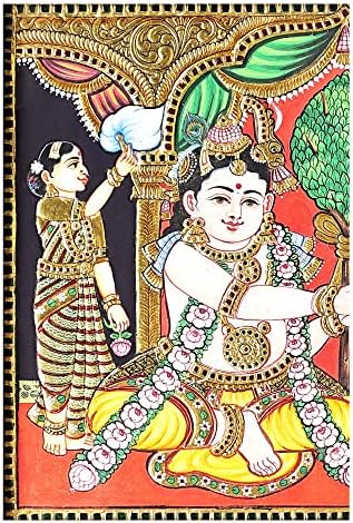 Egzotikus India 21 x 17 Lord Krishna, valamint Radha Tanjore Festmény | Hagyományos Színek, 24 karátos Arany | Tíkfa Fram