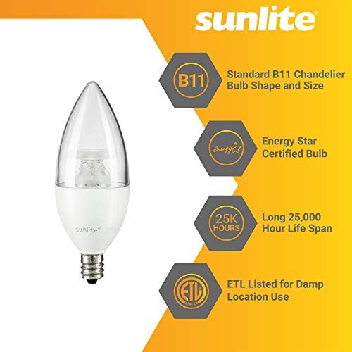 Sunlite 80770 LED B11 Tiszta Torpedó Tipp Csillár Izzó, 4,5 Watt (40W Egyenértékű) 300 Lumen, Gyertyatartót E12 Bázis, Szabályozható Energy