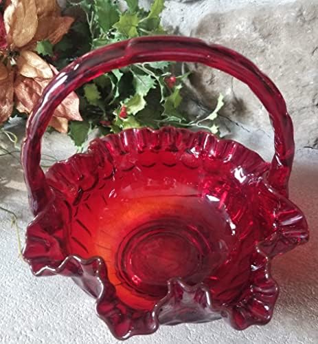 Fenton Art Glass Ruby Vörös Ujjlenyomat Mintázat Kosár - Vintage Eredeti - GYÖNYÖRŰ az ÜNNEPEKRE!