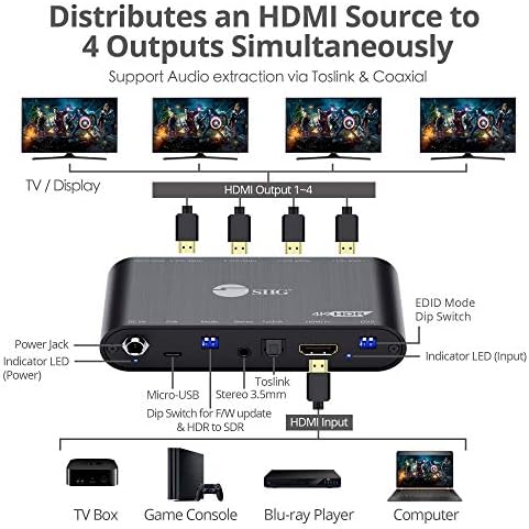 SIIG 1x4 HDMI Splitter a EDID, Audio Extractor, hogy Toslink, illetve HDR, hogy SDR Átalakítás,Videó Leméretezést a Régi Kijelző,4K60