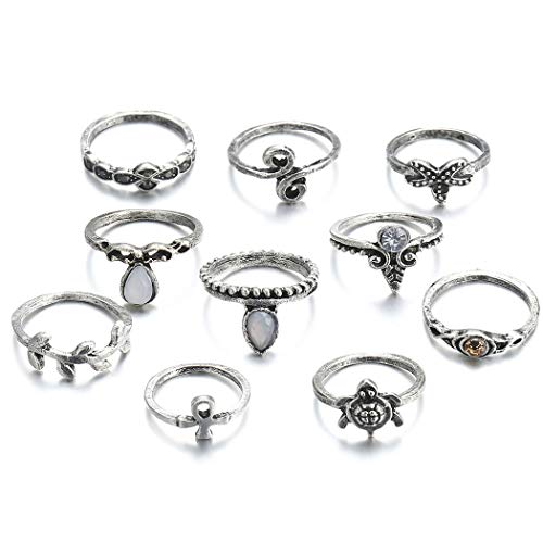 Barode Vintage Teknős Csülök Gyűrű Készlet Kristály Üreges Csillag Faragott Virág Midi Ujj Gyűrű Rakható Gyűrű a Nők, Lányok(10db) (Ezüst)