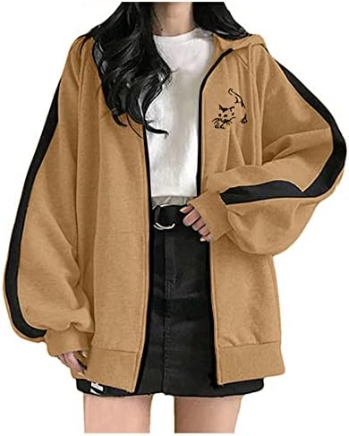 Tini Lányok Zip Pulóver Kapucnis Kabát Aranyos Macska Nyomtatás Kapucnis Kabát Női Plus Size Bő Alkalmi kapucnis felső Zseb
