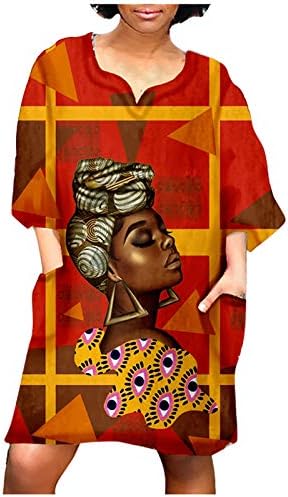 lcziwo Afrikai Ruhák Női Plus Size V-Nyak Közepe Ujjú Alkalmi Ruha Laza Idősebb Nők Mini Ruha Zsebében