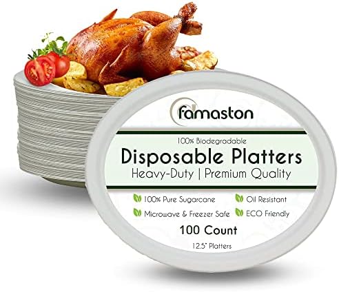 FAMASTON 100 csomag a 12,5 hüvelykes ovális eldobható tányérok, nagy teherbírású papír vacsora extra nagy hálaadás compostable