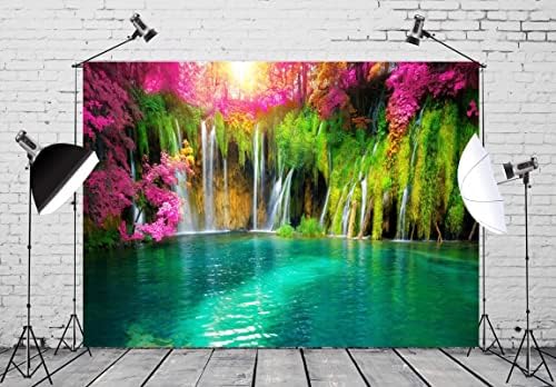Loccor 7x5ft Szövet Vízesés Hátteret, a Tavaszi Virágok, a Zöld Festői Háttér Gobelin Utazási Téma Szülinapi Parti Dekoráció 3D Fekvő Banner