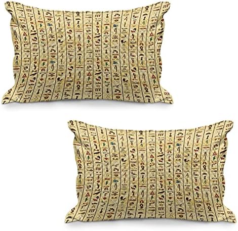 Ambesonne Egyiptomi Nyomtatás Steppelt Pillowcover Set, 2, Színes Hieroglifák a Papirusz Régi Papír Stílus Háttér Kairó Kultúrára, Standard