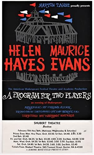 Helen HayesEGY PROGRAM KÉT JÁTÉKOS Maurice Evans/Egy Este William Shakespeare 1963 Boston Próba Reklám Szórólap