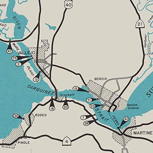 Térkép Közép-Kaliforniában Csíkos Sügér Halászati terület, Utak, Utak, valamint kb. 1952 - től San Francisco-Stockton - Térképek Betét látható
