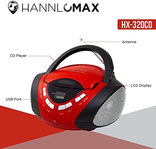 HANNLOMAX HX-320CD CD/MP3 Boombox, AM/FM Rádió, USB Port, MP3 Lejátszás, Aux-in, LCD Kijelző,AC/DC Kettős áramforrás (Vörös/Fekete)