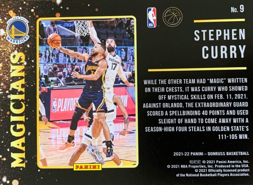 Stephen Curry 2021 2022 Donruss VARÁZSLÓK Kosárlabda Sorozat Menta Helyezze be a Kártyát 9 Elképzelni Őt a Kék Golden State Warriors Jersey
