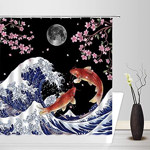 Japán Nagy Hullámok Zuhanyzó Függöny Kék Vintage Japán Hokusai Nagy Hullám Kanagawa Óceán Hajó Fuji Retro Piros Kreatív Anyag Fürdőszoba Dekor