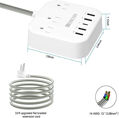 Túlfeszültségvédő 3 Üzletek 4 USB Port & 1 C-Típusú Csatlakozó (5V/3A)&Twin Hosszabbító Kábel Power Strip - 12 Méter Kábel - 6 láb