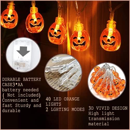 Halloween Pumkin String Fények 40 Vízálló LED villogó Fények elemes Lámpák Kültéri Beltéri Párt (236IN), Narancs