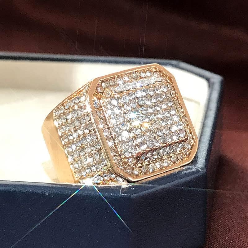 QUSIIOSLK 925 Sterling Ezüst Luxus Teljes Gyémánt Tér Gyűrű Jeges Ki Cirkónia Strasszos Gyűrű, Hip-Hop, Rock Aranyozott Bling Nyilatkozat