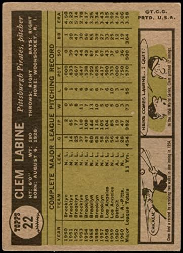 1961 Topps 22 Clem Labine Pittsburgh Pirates (Baseball Kártya) VG+ Kalózok