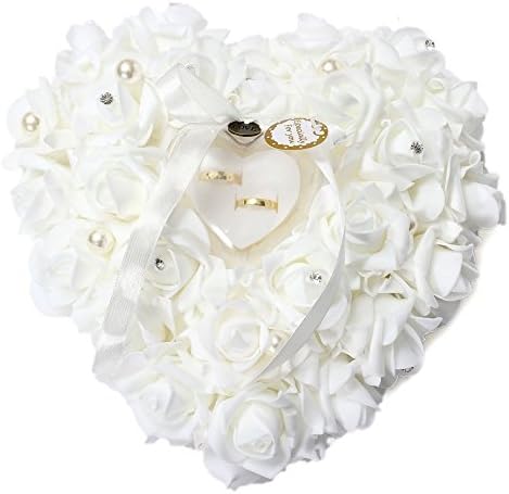 HONEYGIFTS Fehér Esküvői Gyűrű Párna-Fehér Gyűrű Párna, Csipke Crystal Rose Esküvői Szív Gyűrű Doboz