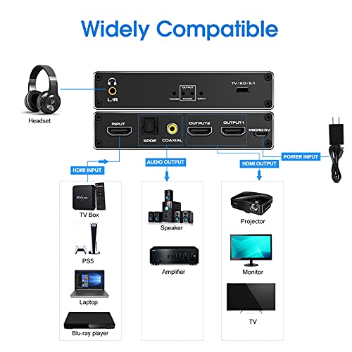 NEWCARE HDMI Splitter Audio Elszívó, 4k@60Hz 1 2 Optikai Toslink SPDIF + Koax + 3,5 mm-es Audio Ki Dual Monitor Másolat/Tükör