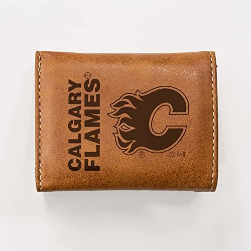 Rico Iparágak NHL Calgary Flames Prémium Lézer Gravírozott Vegán Barna Bőr Tri-fold Pénztárcája Vékony, Mégis Erős Design -