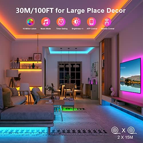Bonve Pet 100ft Led Világítás Hálószoba,Zene Szinkronizálása színváltó LED a készülék Alkalmazás, Vezérlés 5050 RGB LED Szalag