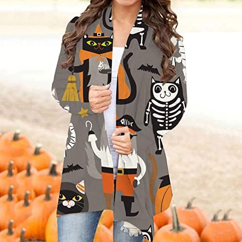 Női Halloween Kardigán Tökfej Macska Nyomtatás Hosszú Ujjú Nyissa ki az Elülső Plus Size Felső Pulóver Kabát Junior Pulóver Ruha