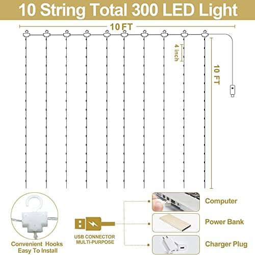 300 LED-Ablak Függöny String Fények Hálószoba Decor, 10 x10 Ft Távirányító Időzítő 8 Mód USB-Tündér Fények Hálószoba Fali Dekoráció Esküvői