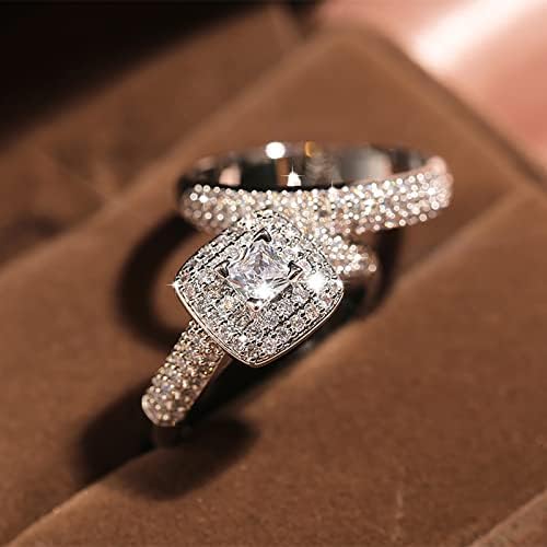 2db Meghatározott Pár Hercegnő Tér Gyémánt Meghatározott Gyűrű Divat Luxus Eljegyzés, Esküvő Ékszer a Nők Funky Gyűrű (Ezüst, 9)