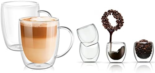 PunPun Csomag: 12.9.oz kávéscsésze Szett (2) & 2.7 oz. Eszpresszó Szemüveg Szett (4) duplafalú Hőszigetelt Üveg Poharak,szájjal fújt Üveg Poharak