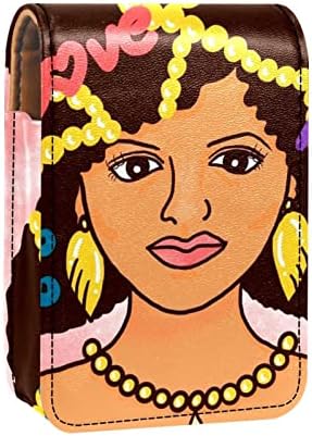 ORYUEKAN Smink rúzs esetben rúzs, táska, tükör, hordozható rúzs tároló tasak szájfény tároló szervező, Gyönyörű Afrikai Nő Rajzfilm