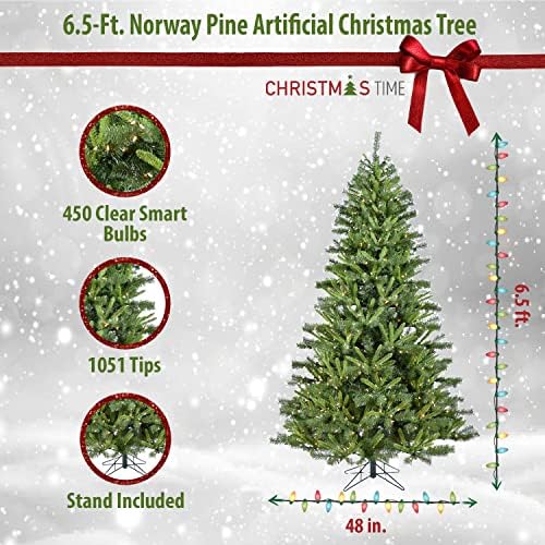 Karácsony 6.5-Ft. Norvégia Mesterséges Fenyő karácsonyfa Világos, Okos String Fények | Reális PVC | Ünnepi Ünnepi Dekoráció,