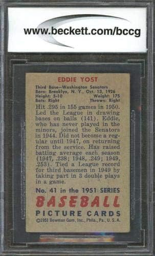 1951 bowman 41 EDDIE YOST washington senators (EX vagy JOBB) lenne beégés BCCG 8 - Baseball Asztalon Kezdő Lapot